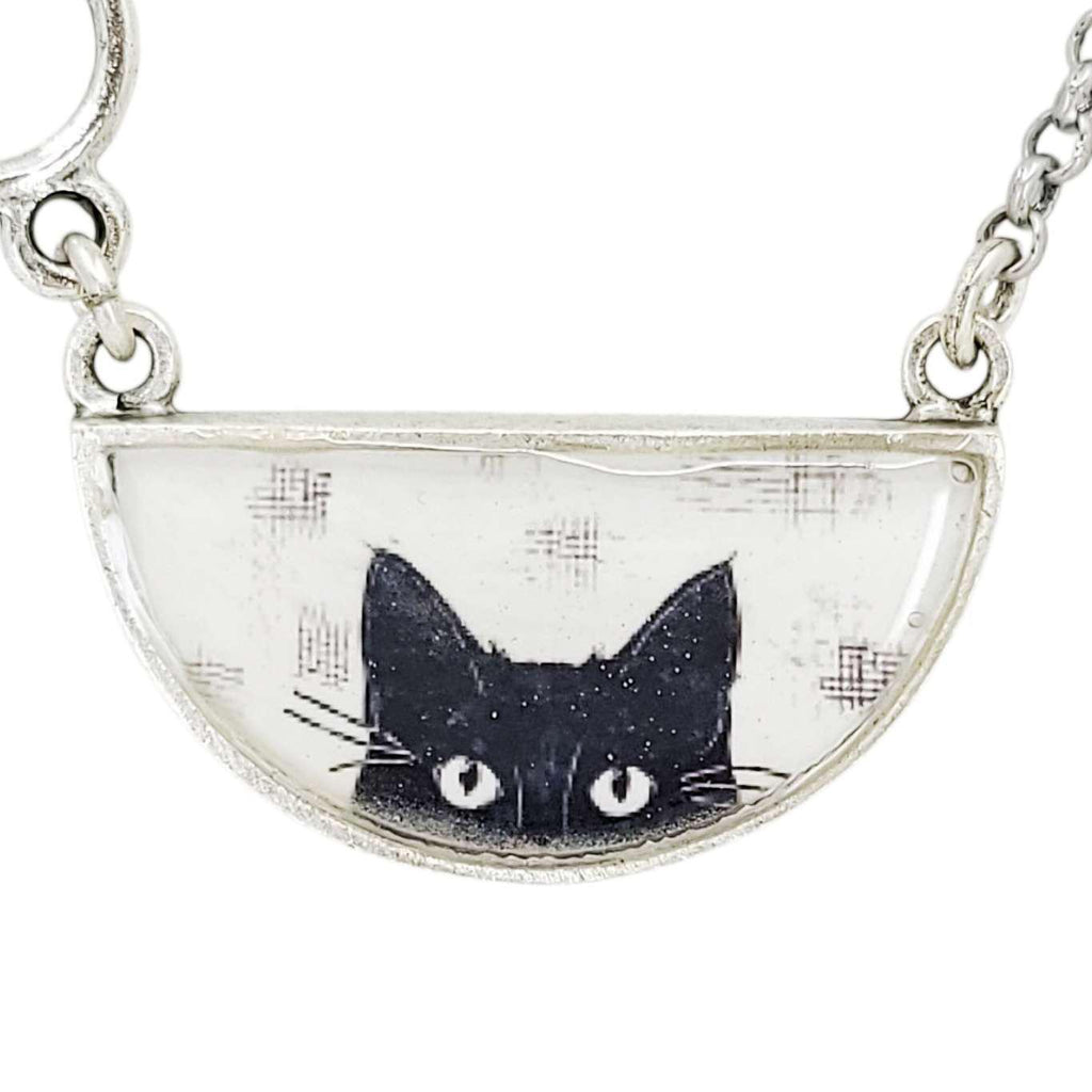 Necklace - Peeking Black Cat Half-Round Resin (Silver) by Christine Stoll |Altered Relics
