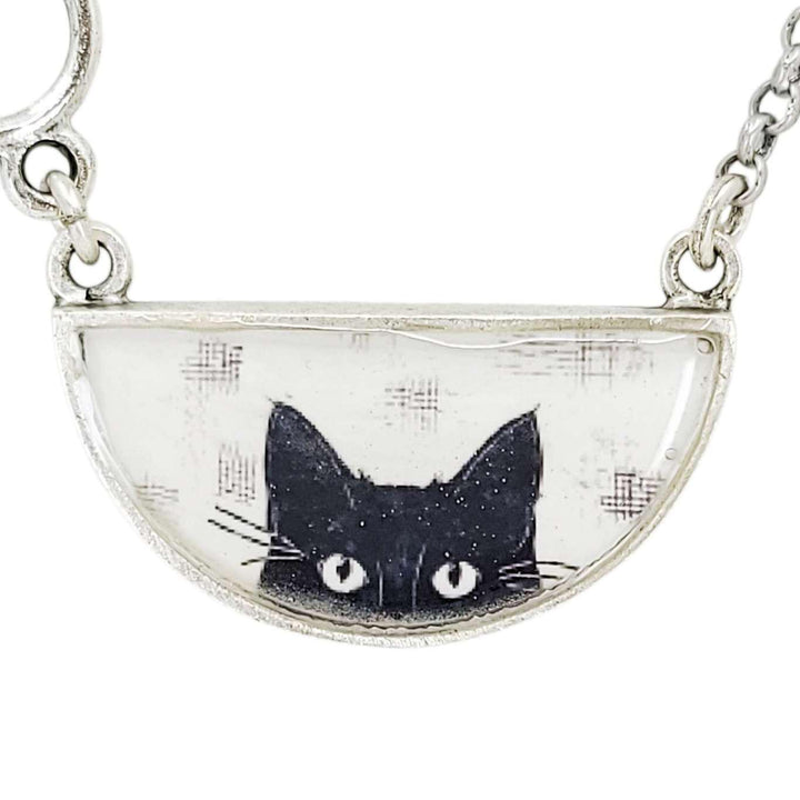 Necklace - Peeking Black Cat Half-Round Resin (Silver) by Christine Stoll |Altered Relics