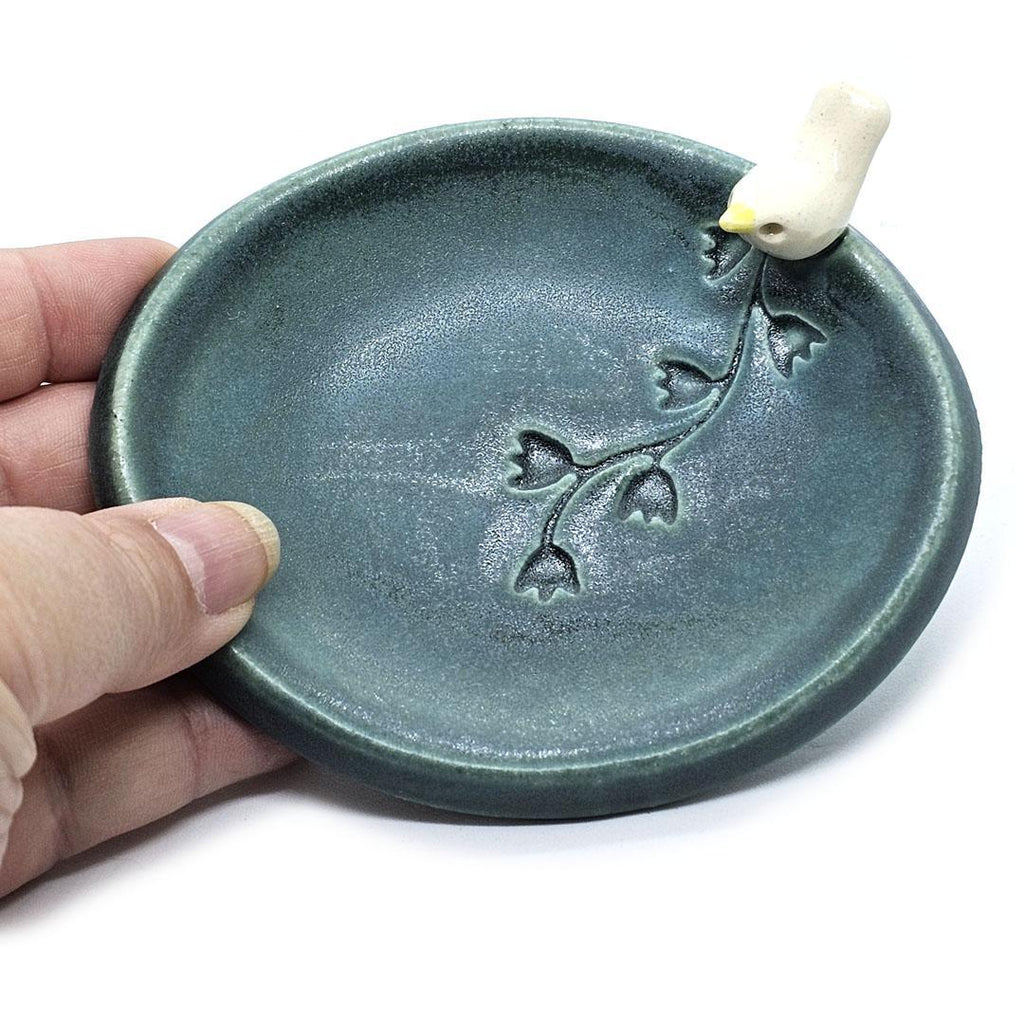 Oval Ring Dish - White Bird with Flowers (Dark Teal) by Tasha McKelvey