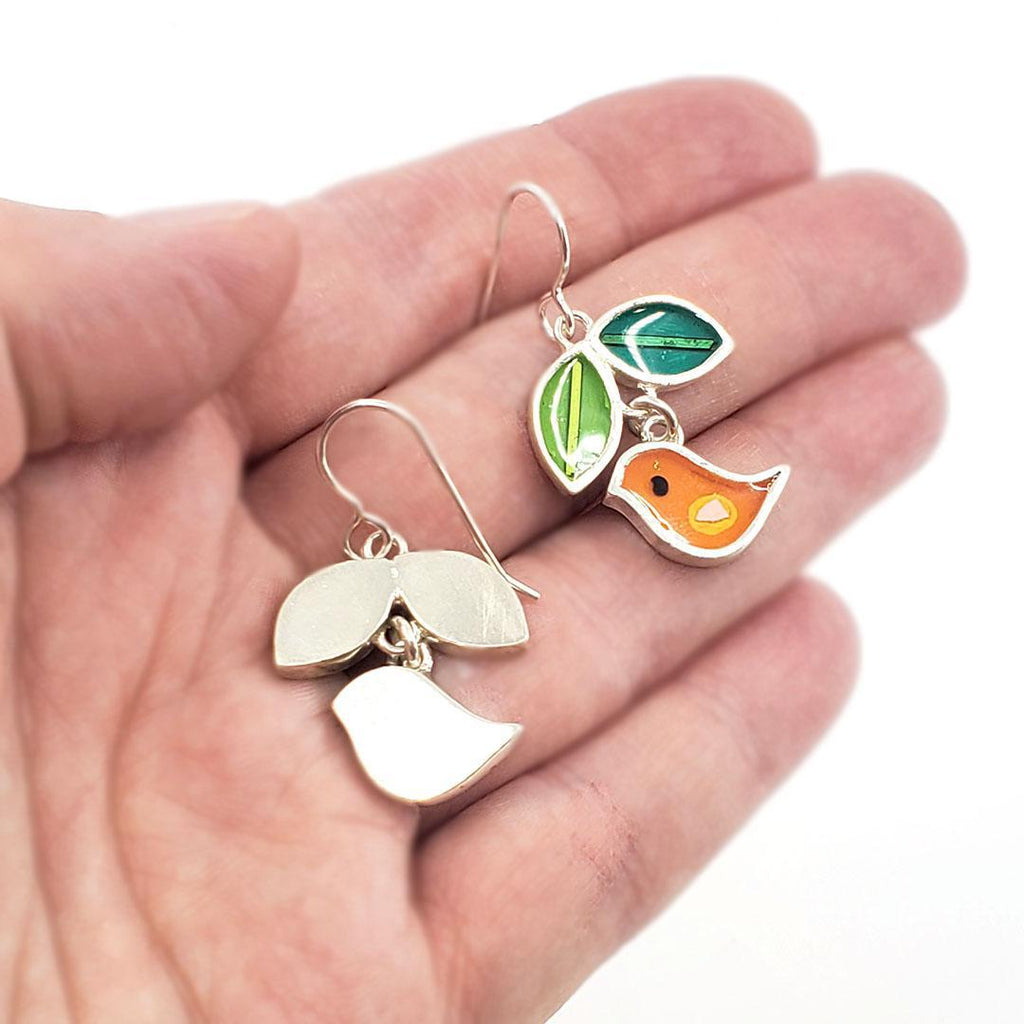 Earrings - Bird and Leaves (Orange) by Happy Art Studio