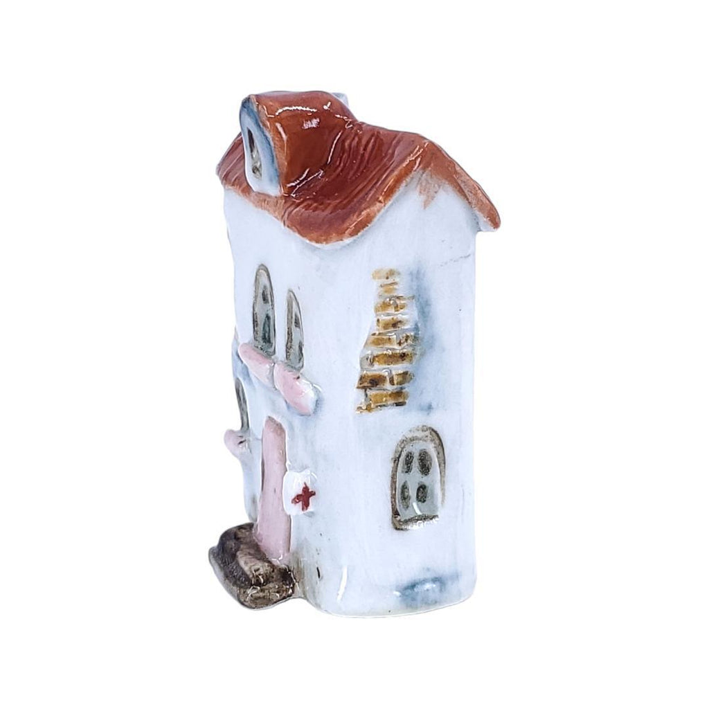 Tiny House - White Pharmacy House Pink Door Rust Roof by Mist Ceramics