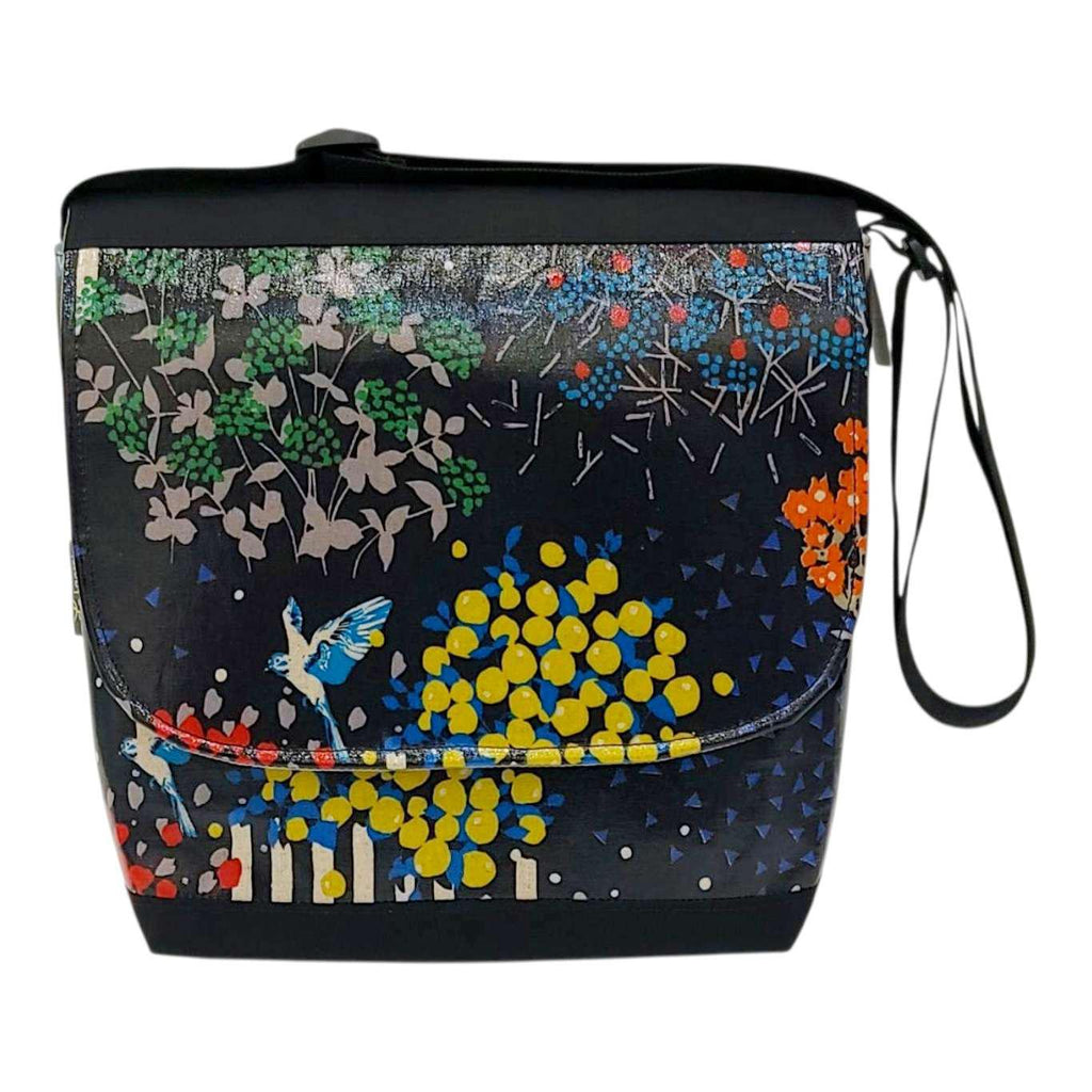 Messenger Bag - Reinforced Tall - Flowers & Blue Bird on Black by Laarni and Tita