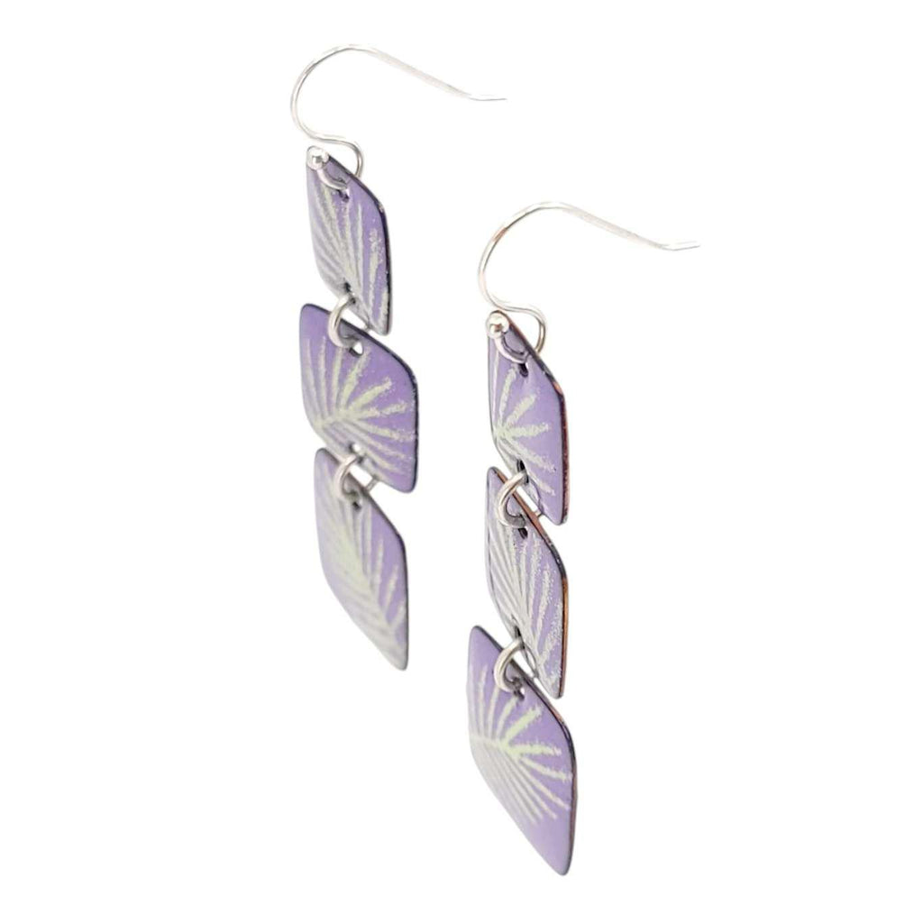 Earrings - Triple Square Drop (Green Palm Leaves on Soft Purple) by Magpie Mouse Studios