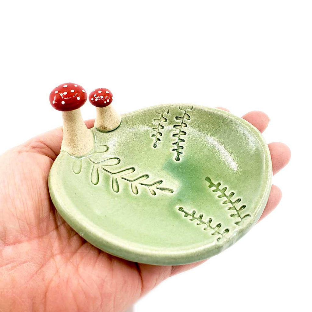 Oval Ring Dish - Mushroom and Fern (Green Dish) by Tasha McKelvey