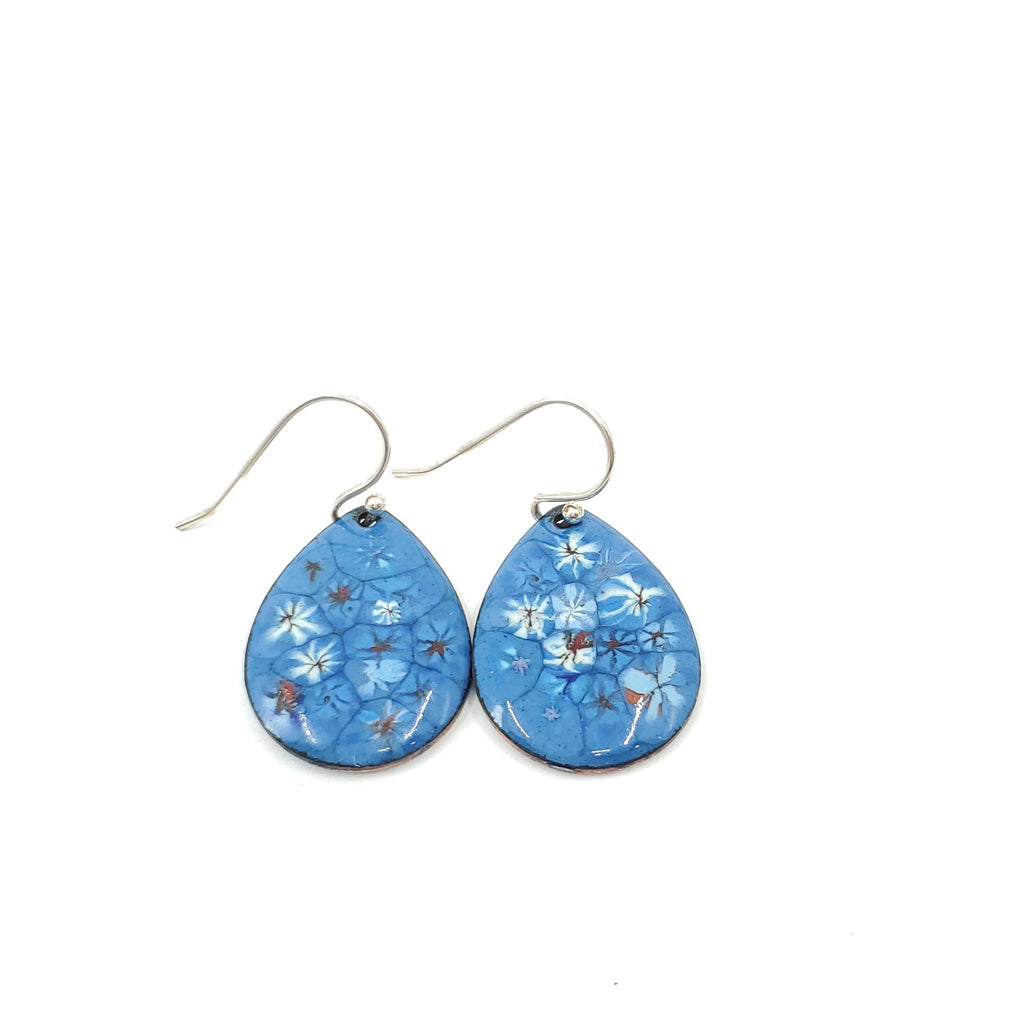 Earrings - Medium Teardrop (White Blue Floral on Deep Blue) by Magpie Mouse Studios