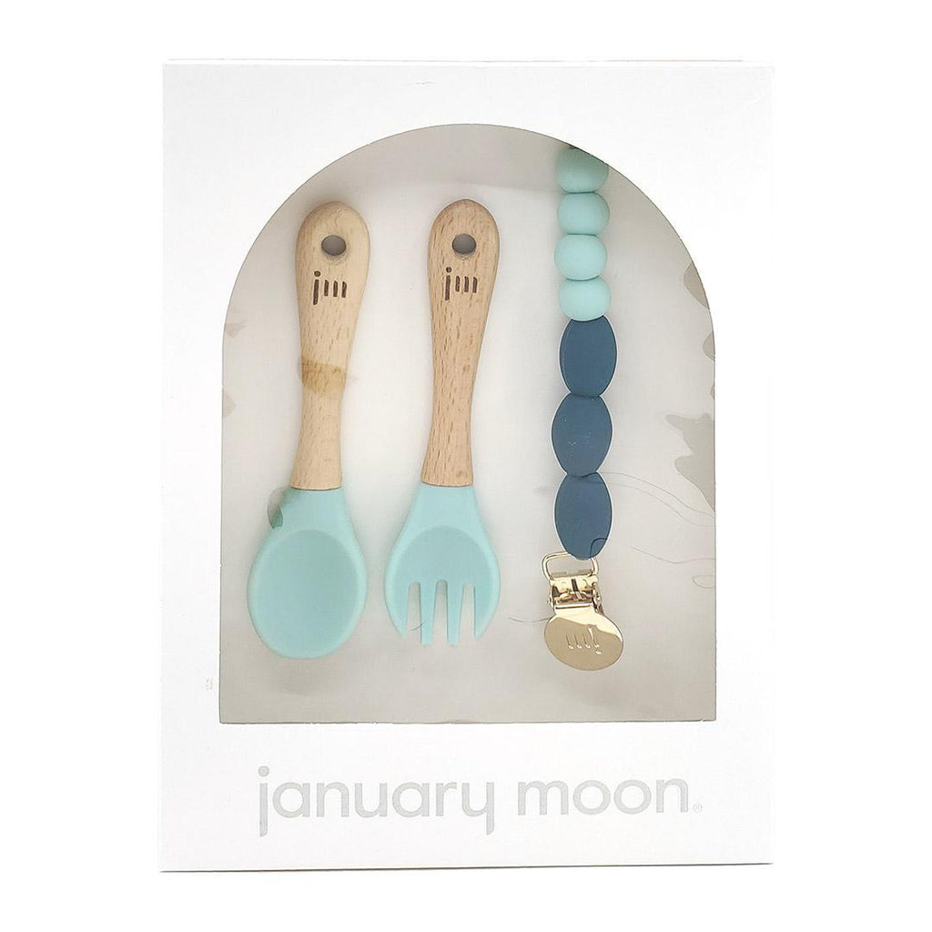 Feeding Set - Fork and Spoon with Clip (Ocean Aqua) by January Moon