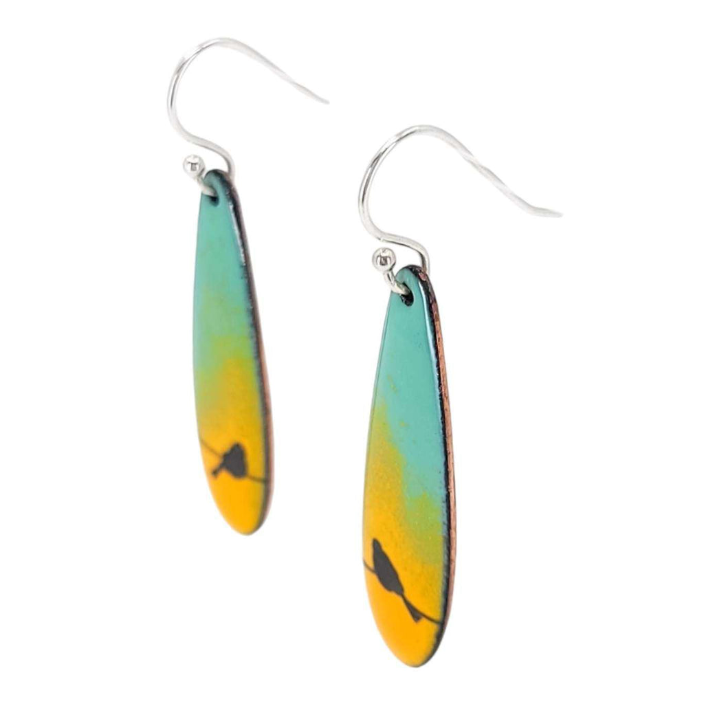 Earrings - Long Teardrop Birds on Orange and Blue Background by Magpie Mouse Studios