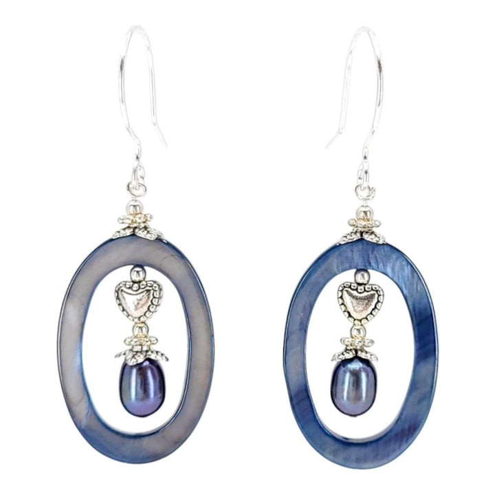 Earrings - Oval Shell Frame Pearl Heart Drops (Iridescent Blue, Silver Fill) by Tiny Aloha