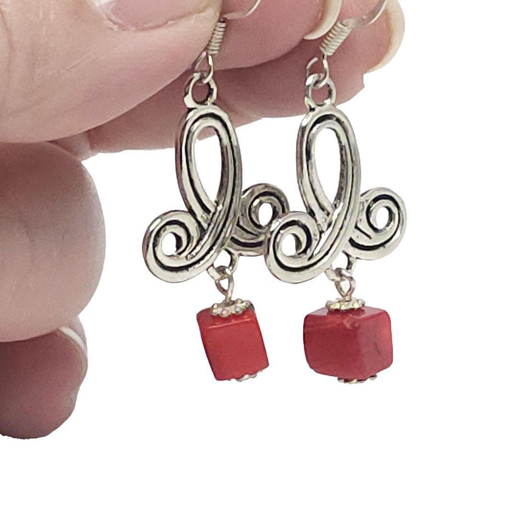 Earrings - Square Red Coral Fancy Drops by Tiny Aloha