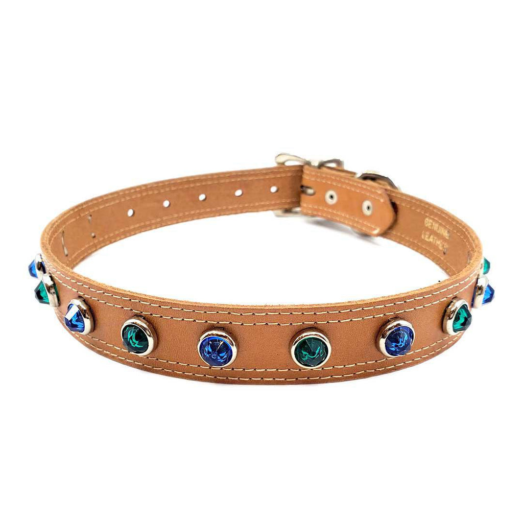 Dog Collar - M-L - Tan Stitch with Blue Green Crystals by Greenbelts
