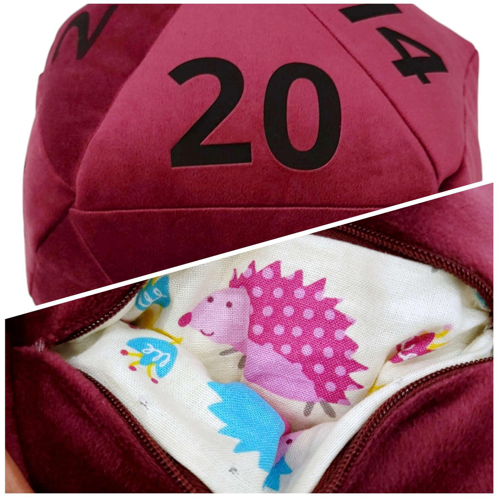 Pillow - Large D20 Plush in Burgundy Velvet with Matte Black Numbers by Saving Throw Pillows