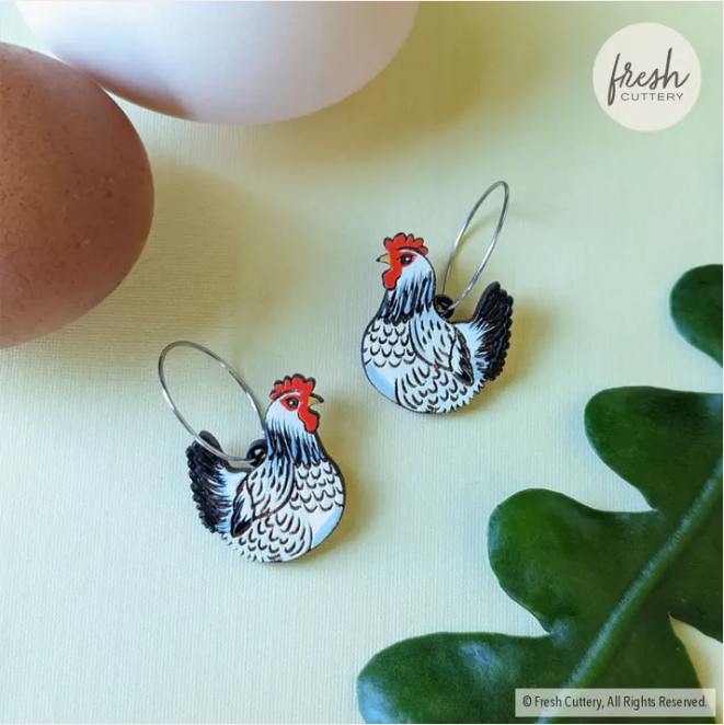 Earrings - Light Sussex Chicken (Silver Hoops) by Fresh Cuttery