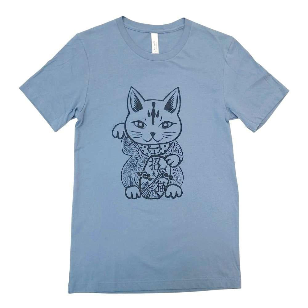 Adult Tee - Lucky Cat on Slate Blue Crewneck Tee by Namu