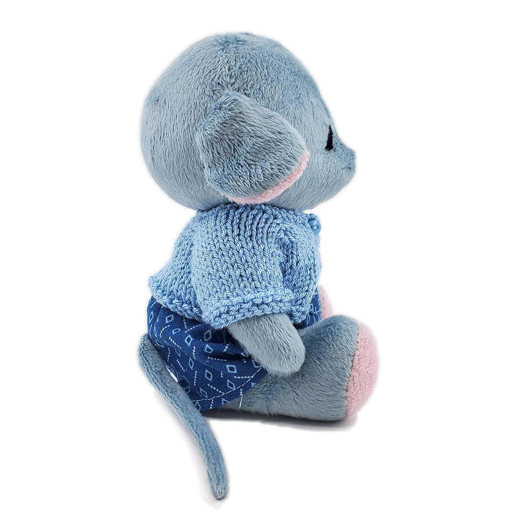 Plush - Gray Mouse in Blue Geo Overalls and Gray Cardigan by Frank and Bubby