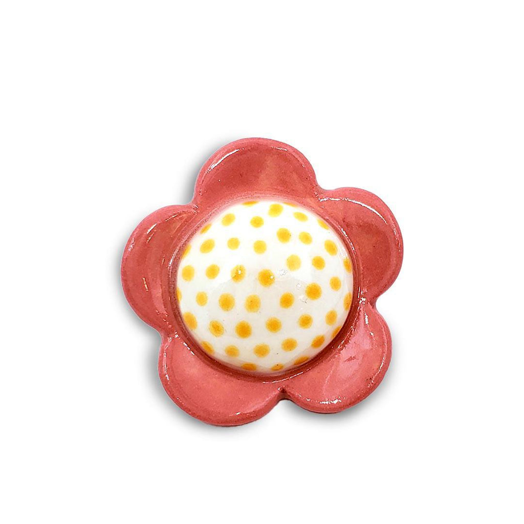 Ceramic Pin - Flower Pink with Yellow Dots by Jennifer Fujimoto