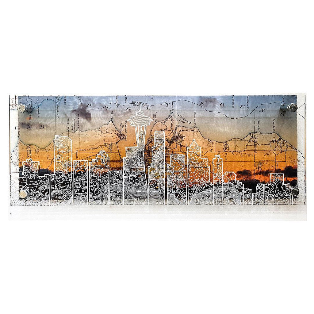 Wall Art - 16x6in - Seattle Skyline Sunset Floating Frame Map by Modern Terrain