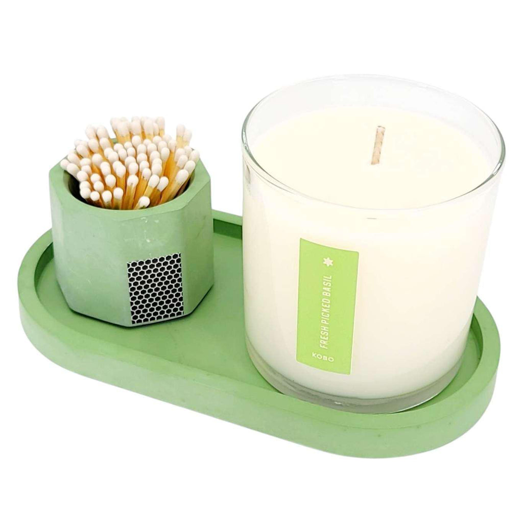 Gift Bundle - Candle, Tray, and Match Holder (Green Basil Set) by Tenn Prairie and KOBO