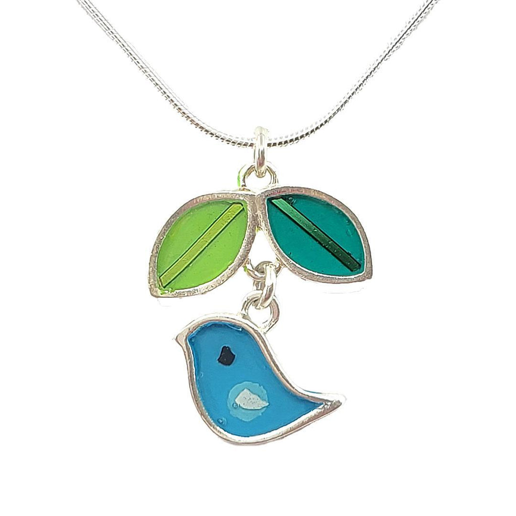 Necklace - Turquoise Bird with Green Leaves (A or B) by Happy Art Studio