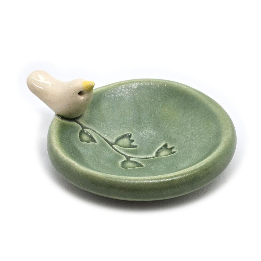 Round Ring Dish - White Bird with Flowers (Small Green) by Tasha McKelvey