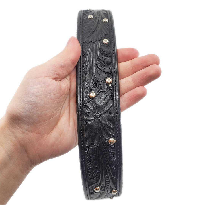 Dog Collar - XL - Black Tooled with Silver Studs by Greenbelts