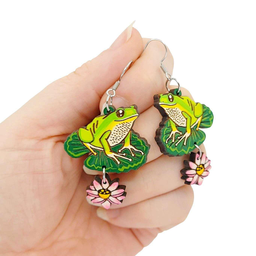 Earrings - Frog and Lily Pad (Silver French Hooks) by Fresh Cuttery