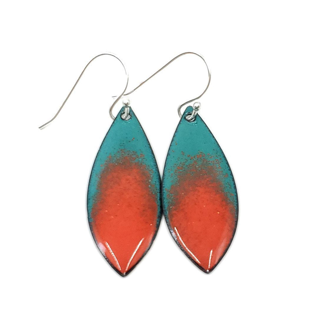 Earrings - Wide Leaf (Orange Splash on Deep Teal) by Magpie Mouse Studios