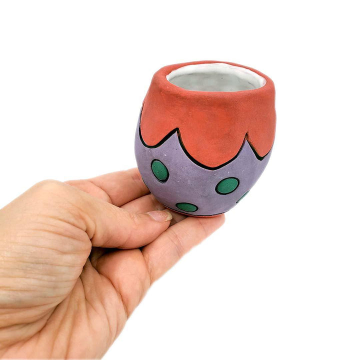 Tiny Cup - 2.5in - Red Scallops Green Dots on Purple by Leslie Jenner Handmade