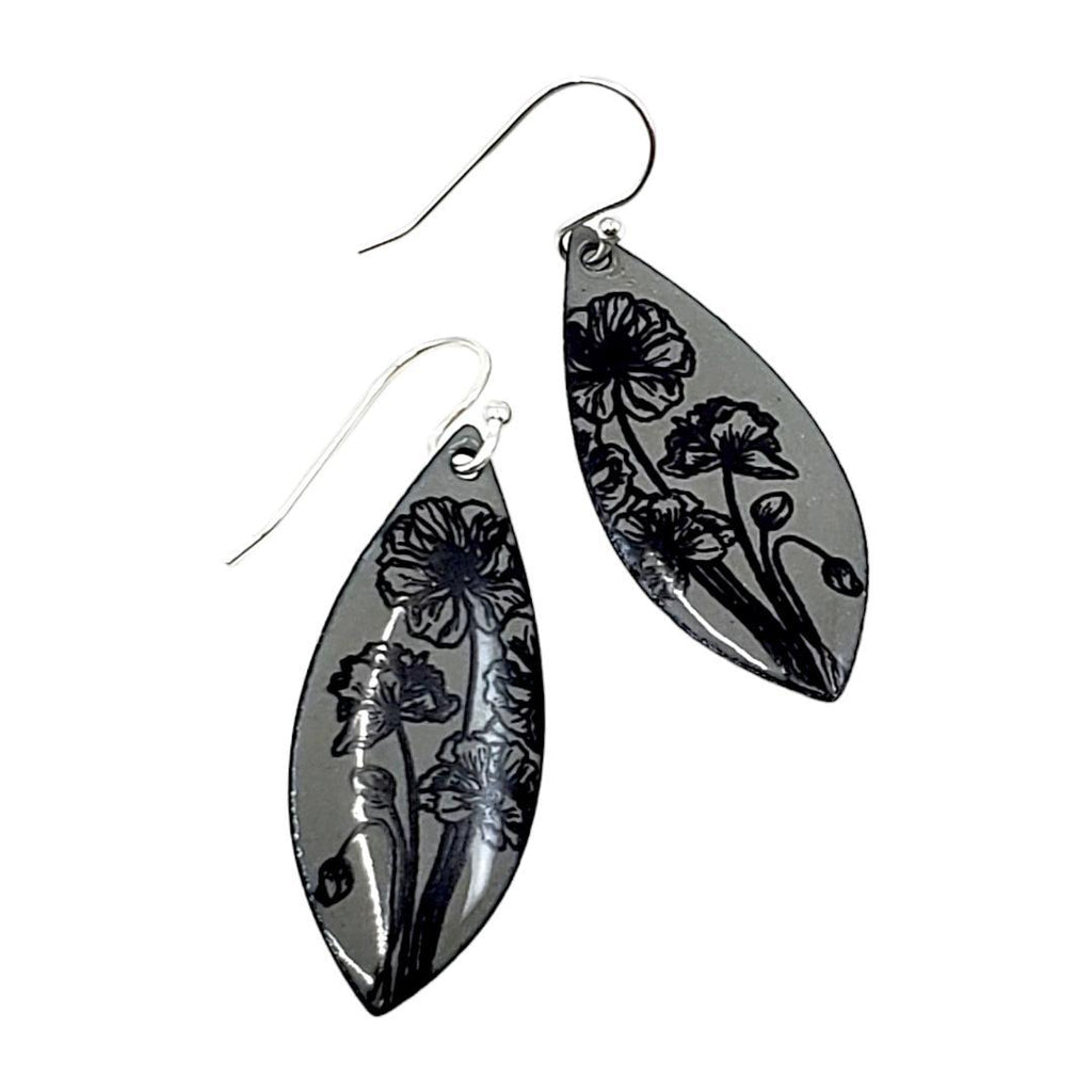 Earrings - Long Leaf Anemone Floral (Deep Gray) by Magpie Mouse Studios