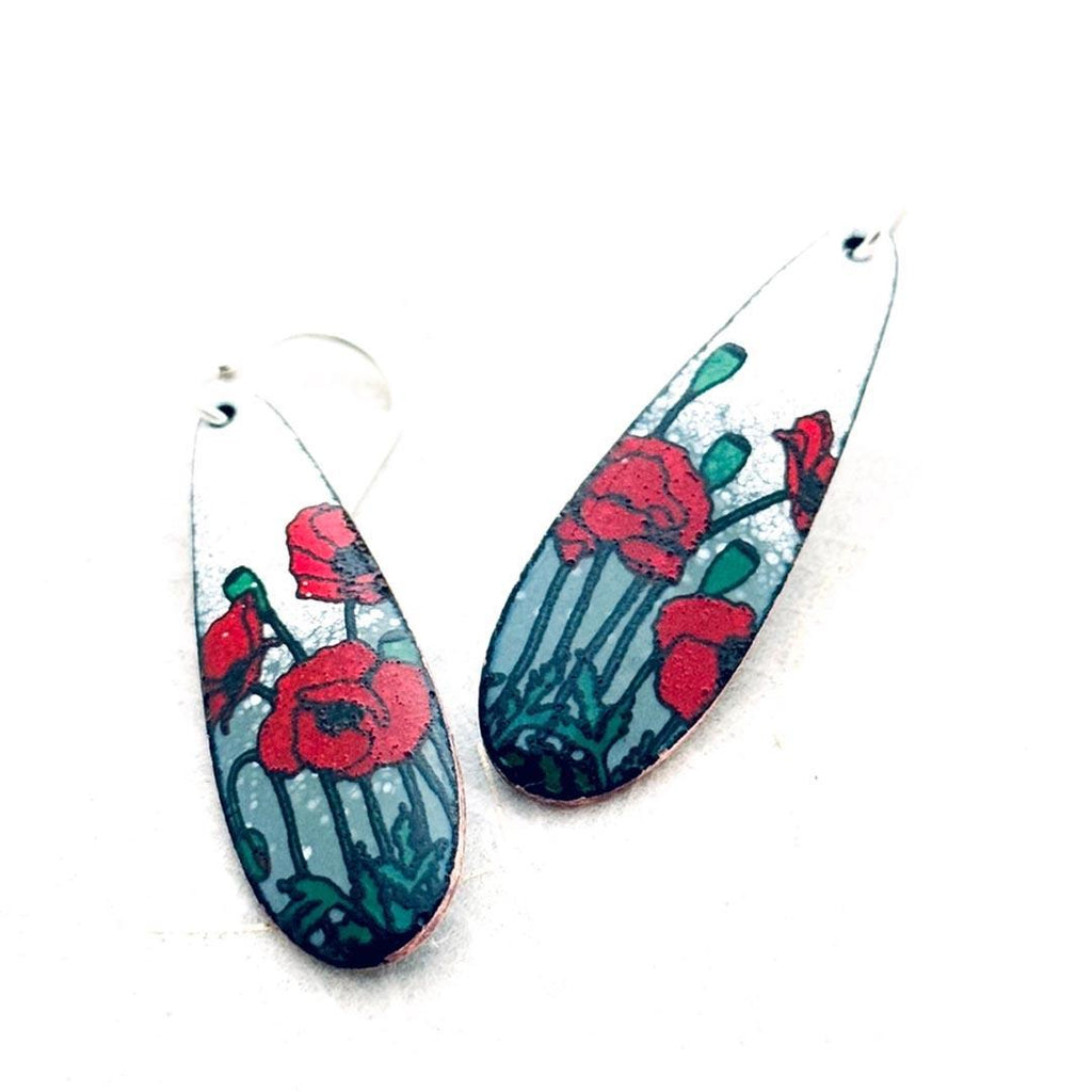 Earrings - Long Teardrop (Poppies on Grey White) by Magpie Mouse