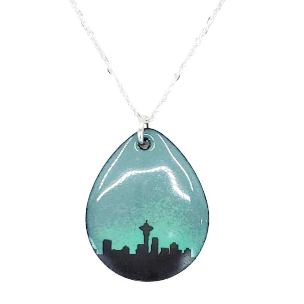 Necklace - Teardrop Pendant (Seattle Skyline on Gray Turquoise) by Magpie Mouse Studios