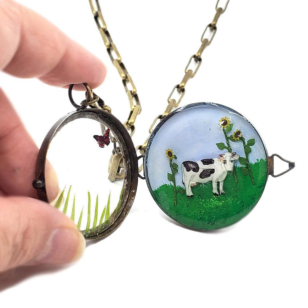 Necklace - Cow with Sunflowers Locket (OOAK) by XV Studios
