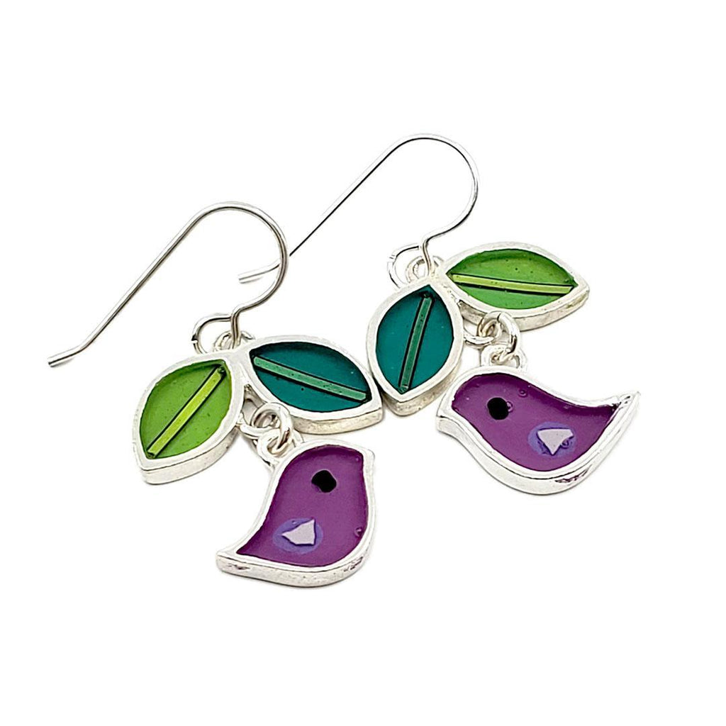 Earrings - Bird and Leaves (Purple) by Happy Art Studio