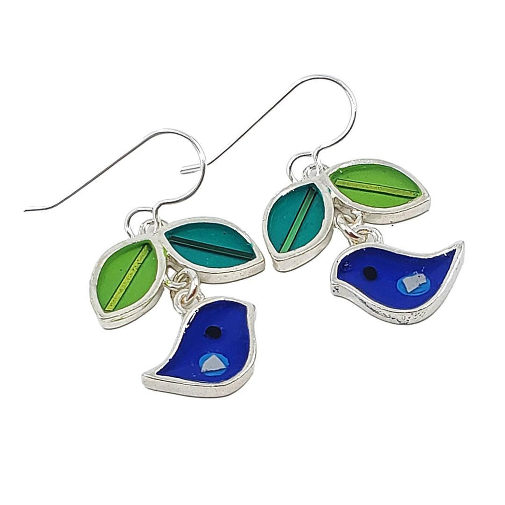 Earrings - Bird and Leaves (Dark Blue) by Happy Art Studio