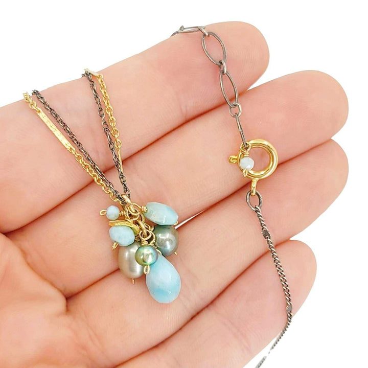 Necklace - Double Strand Gem Cluster (Larimar, Pearl) by Calliope Jewelry