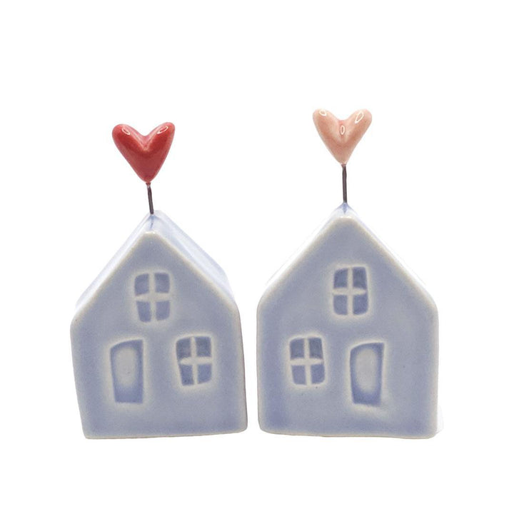Tiny Pottery House - Light Blue with Heart (Red or Pink) by Tasha McKelvey