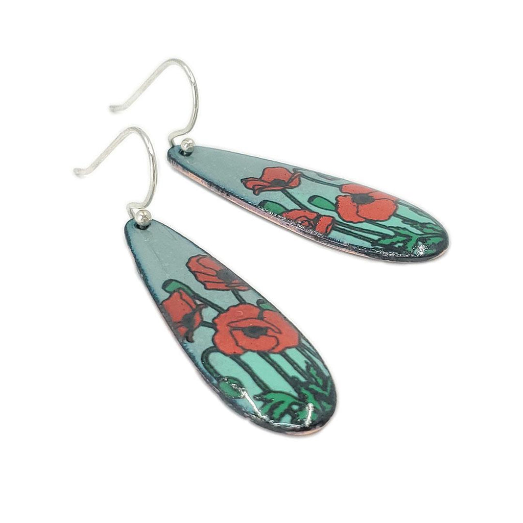 Earrings - Red Poppies Long Teardrop (Gray Turquoise) by Magpie Mouse Studios