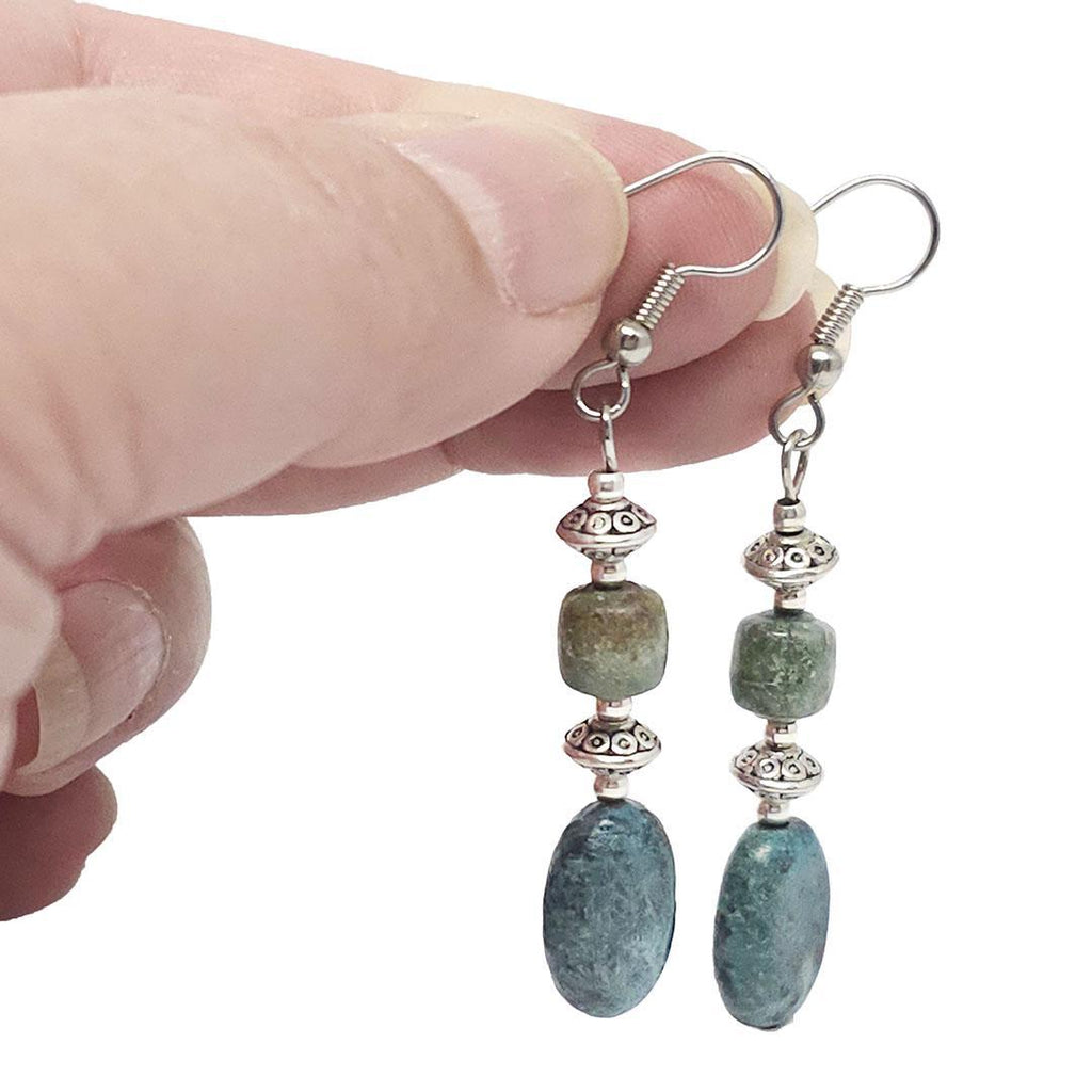 Earrings - Two Bead Oval Turquoise Silver Plate by Tiny Aloha