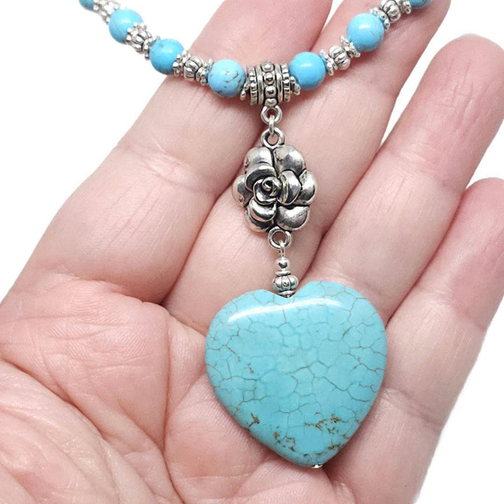 Necklace - Large Howlite Turquoise Heart with Rose by Tiny Aloha