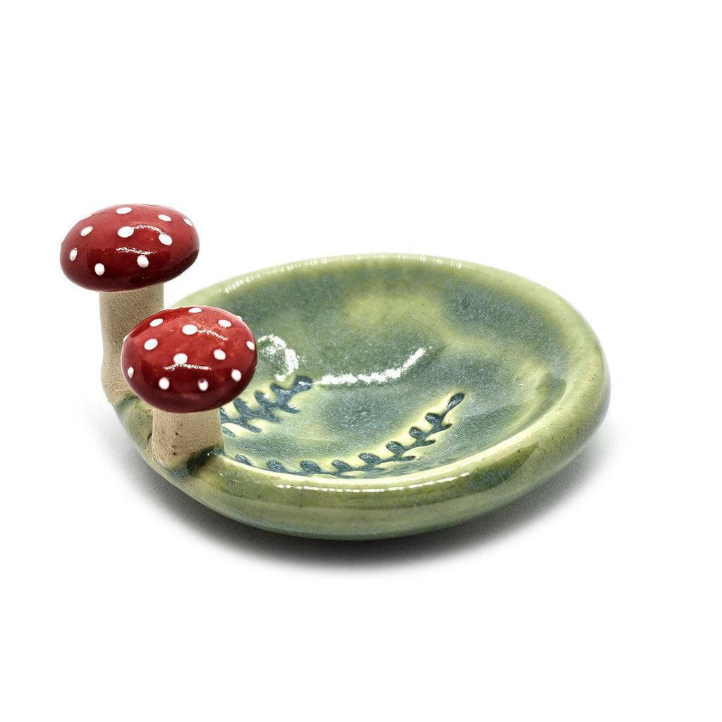 Round Ring Dish - Red Mushrooms and Fern Fronds (Small Green) by Tasha McKelvey