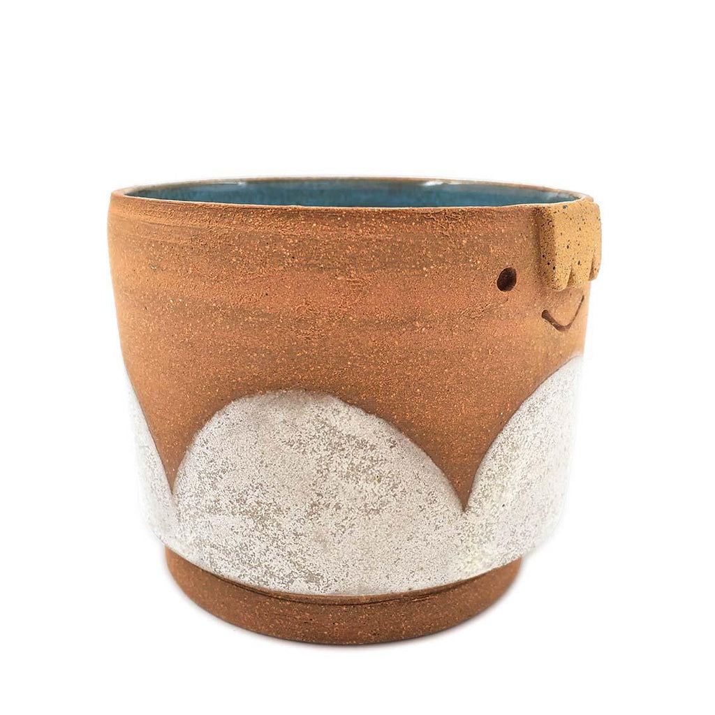 Friendly Planter-  M - Smiling with White Scallops (Teal Interior) by Kathy Manzella Ceramics