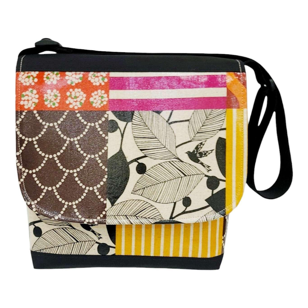 Messenger Bag - Reinforced Tall - Bird on Linen with Brown Yellow and Pink Accents by Laarni and Tita