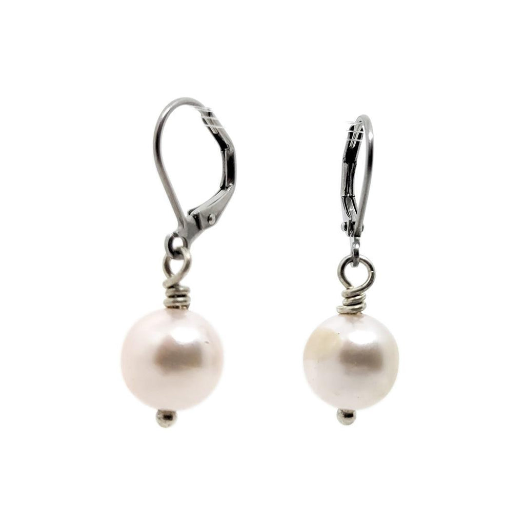 Earrings - Round Faux Pearl White Stainless Steel by Christine Stoll Studio
