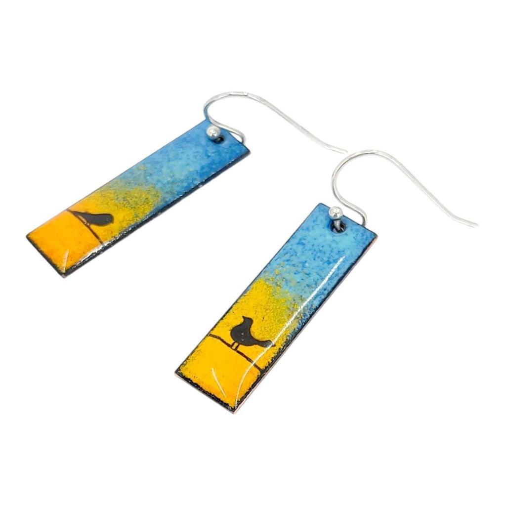 Earrings - Slim Rectangle Birds on Orange and Blue Background by Magpie Mouse Studios