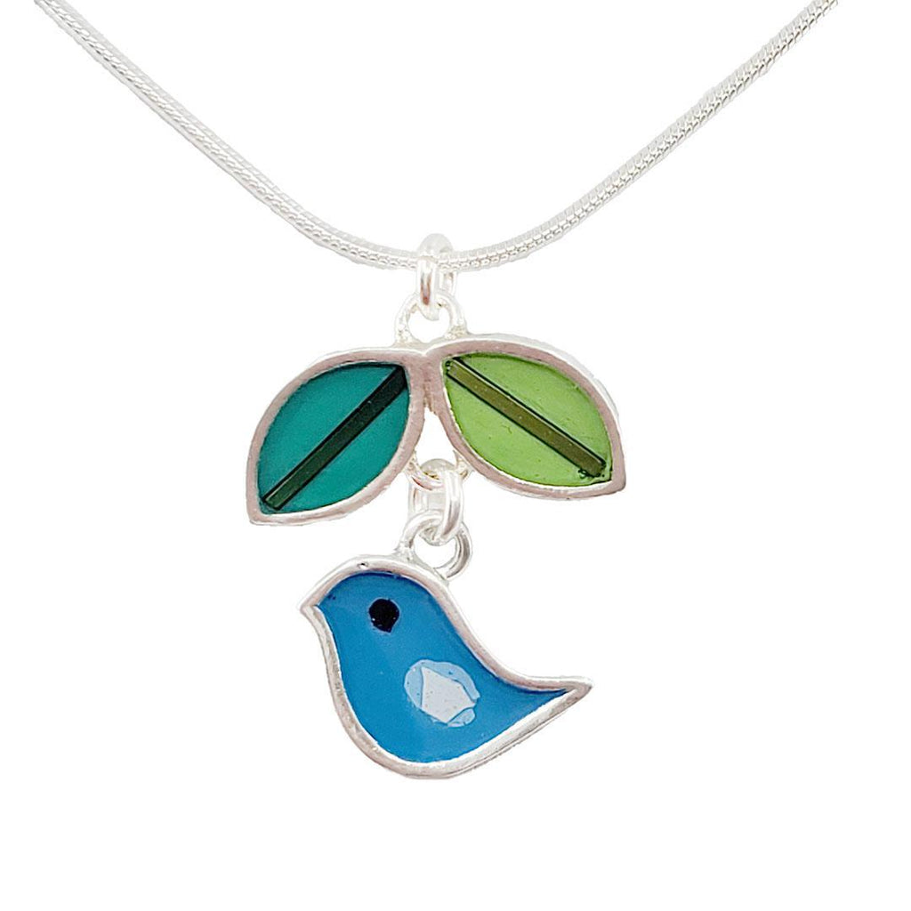 Necklace - Turquoise Bird with Green Leaves (A or B) by Happy Art Studio