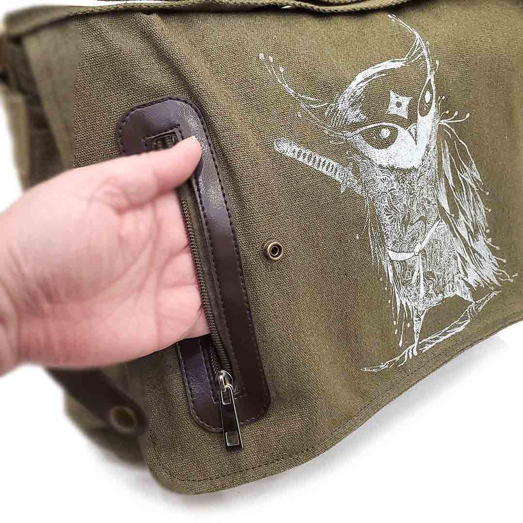 Laptop Bag - Samurai Owl White Ink on Olive Canvas Messenger Bag by Namu