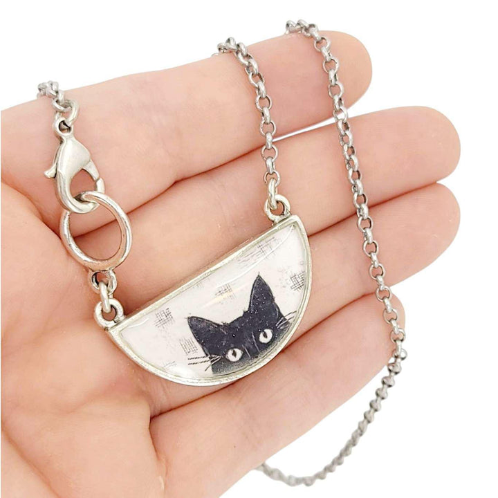 Necklace - Peeking Black Cat Half-Round Resin (Silver) by Christine Stoll |Altered Relics