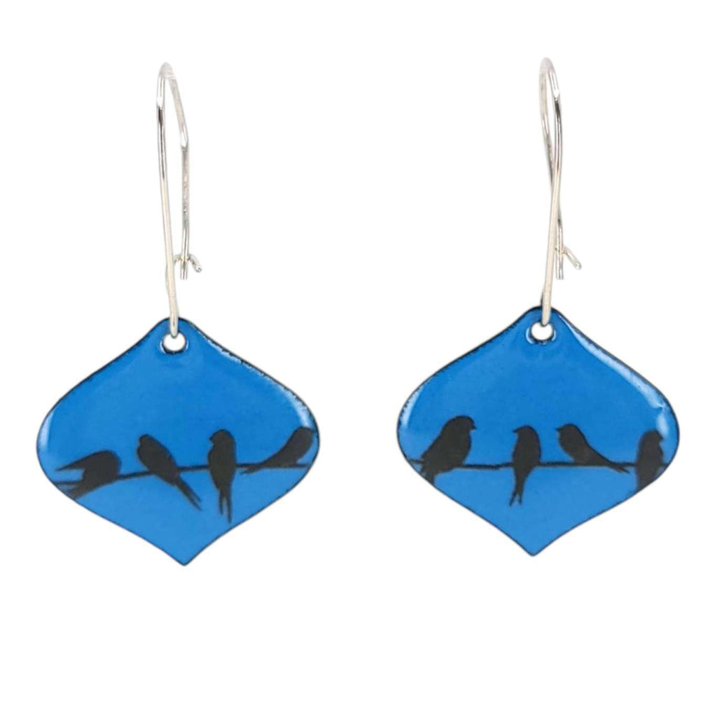 Earrings - Ogee Birds on a Wire over Blue Background by Magpie Mouse Studios