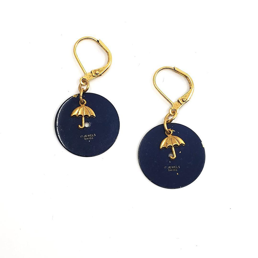 Earrings - Watch Dials - Gold Umbrella on Navy Round (GP Brass) by Christine Stoll