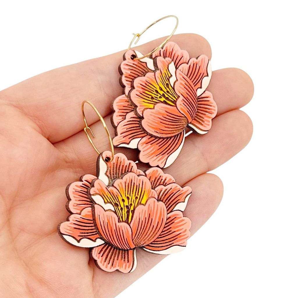 Earrings - Peony Flower (Gold Hoops) by Fresh Cuttery