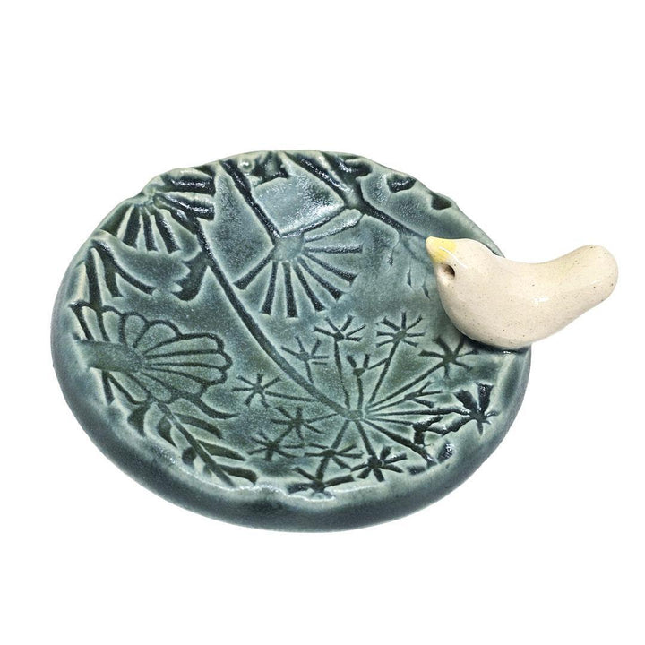 Round Ring Dish - White Bird Floral (Dark Teal Matte) by Tasha McKelvey
